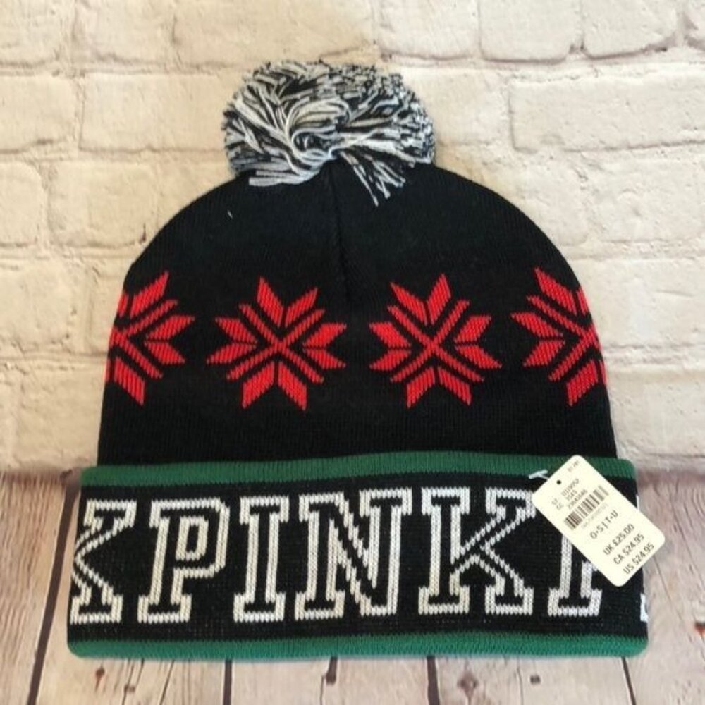 NWT Victorias Secret Pink Knit Hat Beanie Black Red Pom-Pom One Size